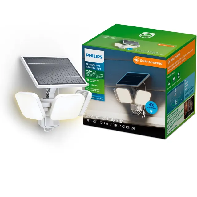 Philips UltraEfficient Zyren Wandlamp - Solar Beveiligingslamp - Floodlight - Bewegingssensor - Helder wit licht: 5000K - 24,5W - Wit - Twee lichtstanden - Schemersensor - Zonne-energie - Waterbestendig