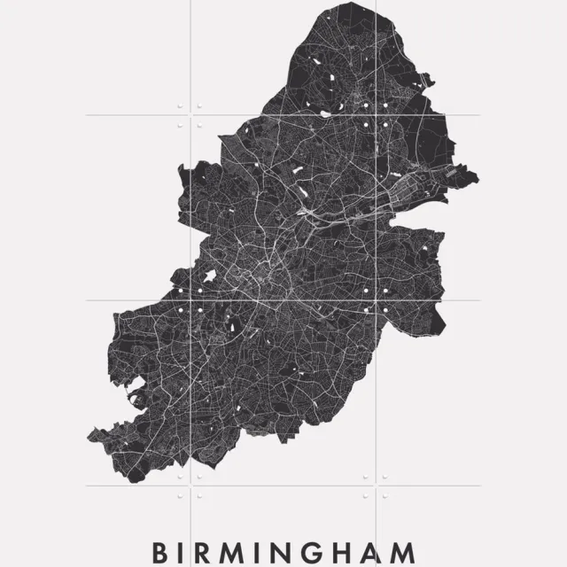 IXXI Birmingham City Map, Kunst in Kaart - 60 x 80 cm - Grote wanddecoratie en posters - Grafisch Ontwerp, Geometrische Kunst, Minimalisme, Digitale Zwart / Monochroom / Zwart en wit