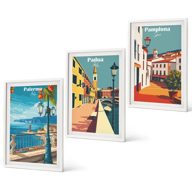Coloray 3-Delige Schilderij Set - Populaire Steden In Retro Illustratieve Stijl - 40 x 60 - Schilderijen Set - Wanddecoratie - Woonkamer - Interieur Decoratie Witte lijst