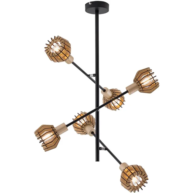Briloner Plafondlamp zwenkbaar woonkamerlamp hout lamellenplafondlamp hout, metaal zwart, 6x E14, LxBxH 54,2x54,2x65,2 cm, Briloner 2855-065