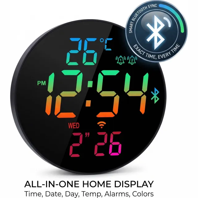 kitazone Digitale RGB LED Wandklok & Bureauklok - Bluetooth Tijdsynchronisatie - 12 Kleuren Display - Inclusief Afstandsbediening, Timer, Dual Alarm & Thermometer - Rond - Zwart Zwart-Bluetooth-Rond