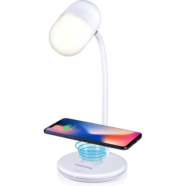 Grundig Bureaulamp Led 3-in-1 - Draadloze Telefoonoplader Qi Technologie - Bluetooth Speaker - Leeslamp - Wit