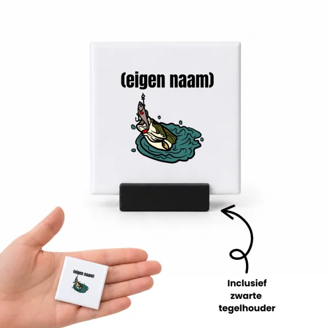 Hacebo vis met eigen naam tegeltje met tegelhouder - Vis - vissen liefhebbers - tegeltjes met tekst - iemand die houdt van vissen - verjaardag - cadeau - kado - geschenk - spreuktegels - 4.8x4.8 CM Wit