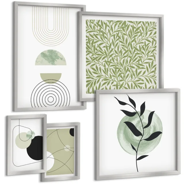 TULUP 4-Delige Schilderij Set - Abstracte composities met geometrische vormen en vegetatie. - 50 x 50 cm, 20 x 30 cm en 40 x 60 cm - Wanddecoratie - Muurdecoratie - Moderne Interieurdecoratie - Stijlvolle Muurdecoratie Zilveren lijst