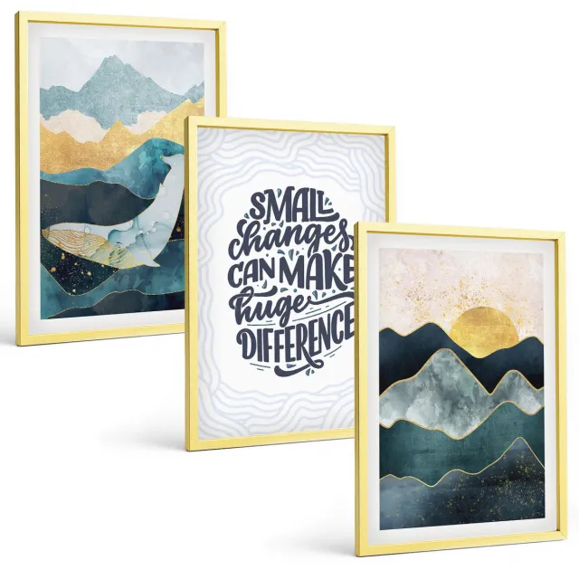 TULUP 4-Delige Schilderij Set - Abstracte berglandschappen met inspirerende belettering - 40 x 60 cm - Wanddecoratie - Muurdecoratie - Moderne Interieurdecoratie - Decoratieve Schilderijen Gouden lijst