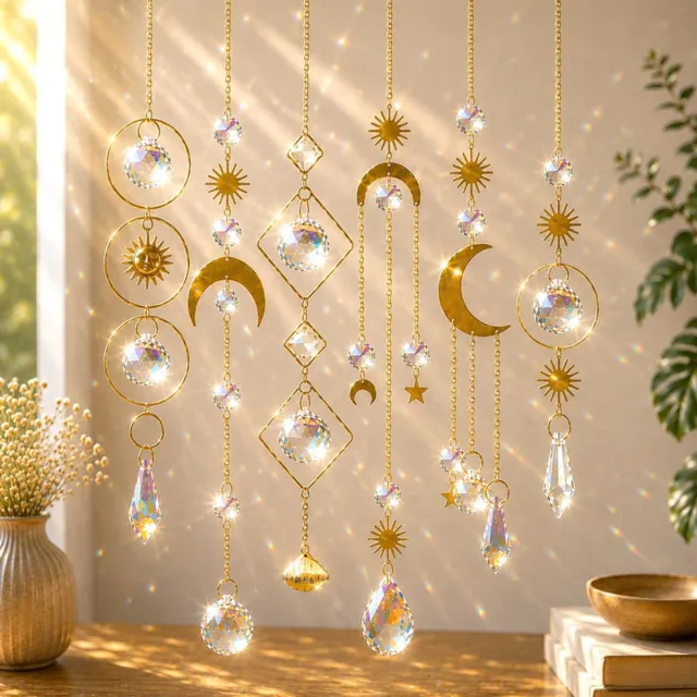 Yashumito Kristallen Zonvangers Set van 6 - Hangende kristallen bollen met ketting en prisma's - Regenboogeffect en lichtreflecties - Raamdecoratie voor huis, kantoor en tuin Goud