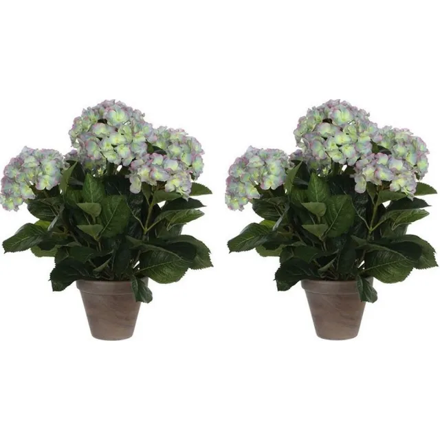 Mica Decorations Kunstplant Hortensia - 2x - groen/paars - 45 cm - in pot - Kunstplanten/nepplanten