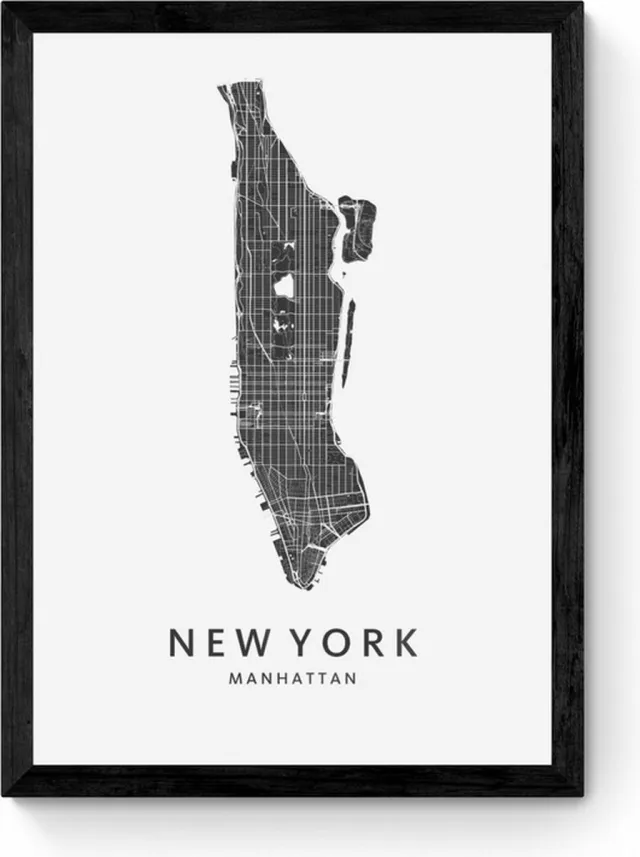 Kunst in Kaart New York - Ingelijste Stadskaart Poster Zwart, Wit