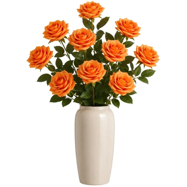 Bellatio Design Kunstbloem Roos Dijon - 12x - 64 cm - perzik oranje - zijde kunstbloemen - Boeket - stelen - rozen