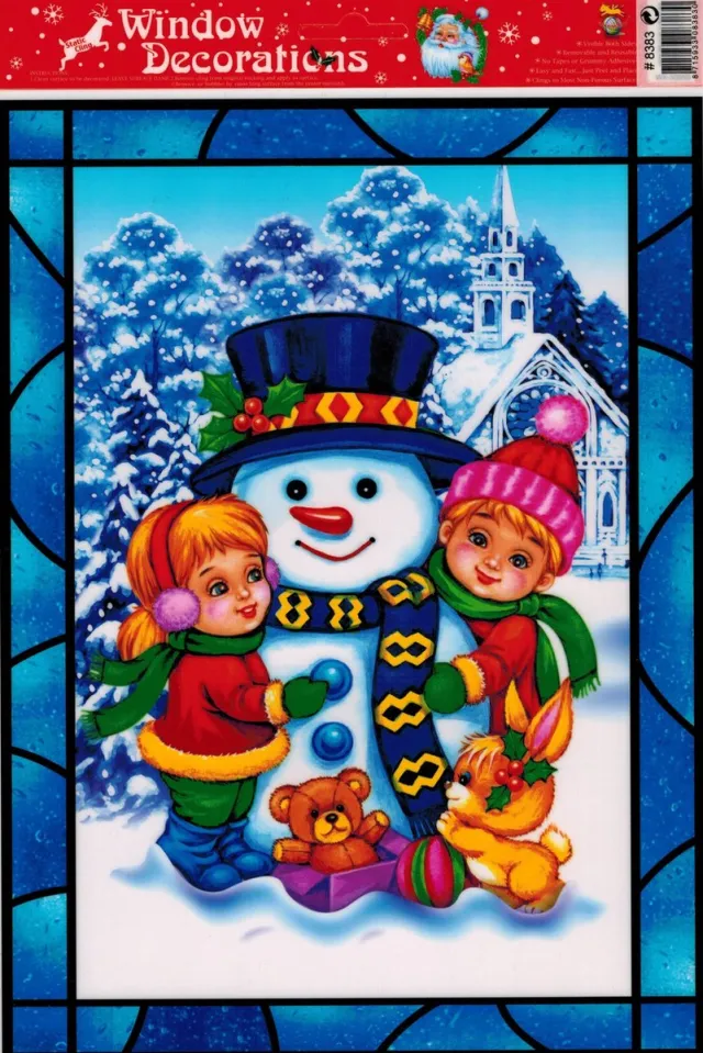 KadoDroom.nl Raamsticker Kerst - Knuffelende Sneeuwpop - 20x27 cm Blauw, Rood, Groen, Geel