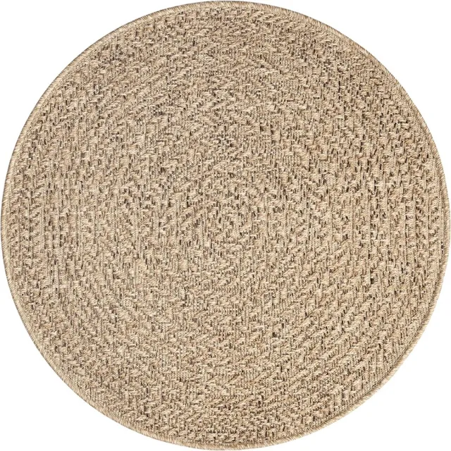 the carpet Kansas – Weerbestendig Indoor & Outdoor Vloerkleed met Cirkelpatroon – Naturel – Rond 160 cm naturel met cirkelvormig visgraatpatroon