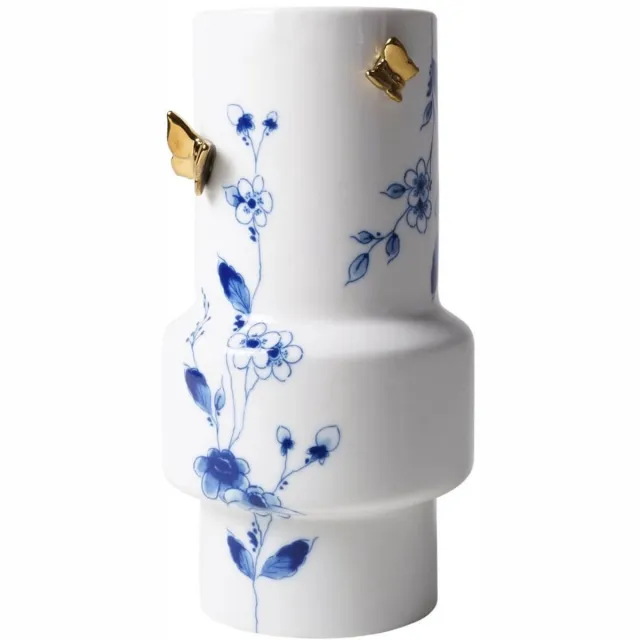 Heinen Delfts Blauw Vaas Cilinder 3D Vlinders - Vlindergoud - Keramiek - 21 cm
