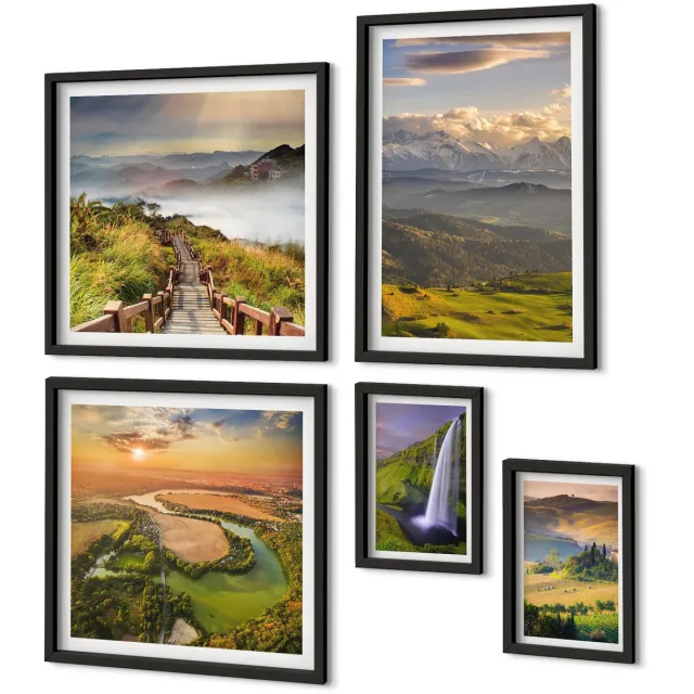 Coloray 5-Delige Schilderij Set - Berglandschappen En Watervallen In Een Schilderachtig Decor. - 50 x 50 cm, 20 x 30 cm En 40 x 60 cm - Moderne Wanddecoratie - Slaapkamer Zwarte lijst