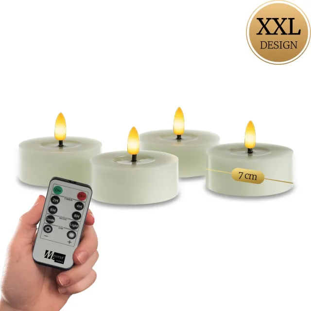 Meisterhome XXL LED-theelichten 4-delige set Sage groen – vlamloze LED kaarsen - flikkerend licht - LED Waxinelichtjes – Ø 7 cm, hoogte 3 cm – gemaakt van echte wax – met timer & afstandsbediening – werkt op batterijen – warm wit licht