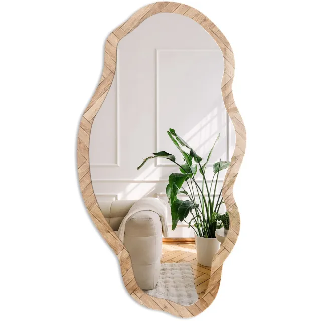 Coloray Visgraatpatroon Spiegel - Bruin Moderne Rechthoekige Wandspiegel - Organische Spiegel - Woonkamer - Rustiek - 45x90 cm - Totale afmeting 52x97 cm Visgraatpatroon, Bruin