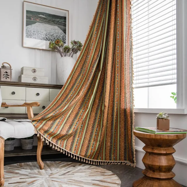Freyamy Gordijn 180 x 150 cm, boho, kleurrijk, geel, katoen, linnen, landhuisstijl, vintage, verticale strepen, ondoorzichtige gordijnen met beige kwastjes, set van 2, geometrische macramé Geel bont