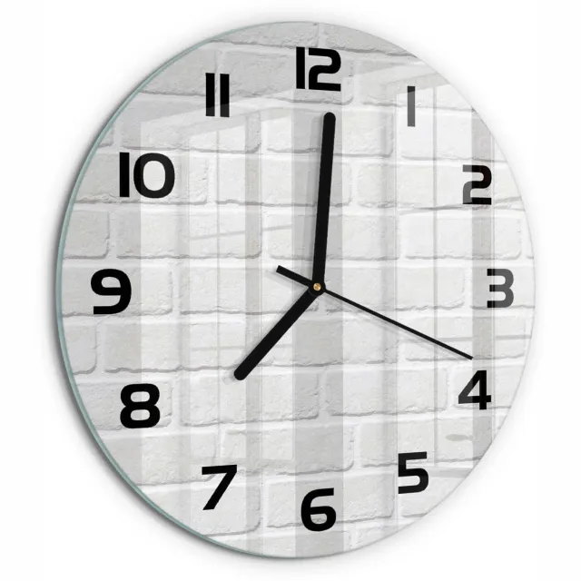 TULUP Wandklok - Bakstenen muur Decoratieve Glazen Klok - fi30 cm - Wit Glazen Wandklok Design - Zwarte handen - Ronde Klok - Glazen Klok Met Print - Wandklok Glas Met Motief
