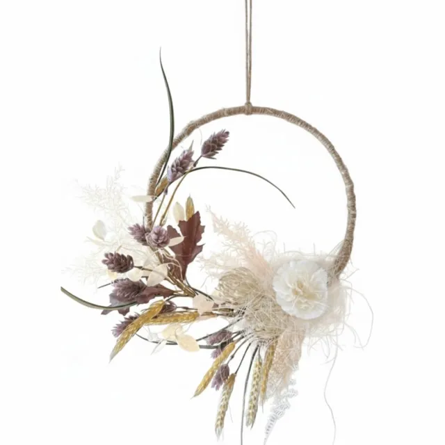 Lana's flowers & gifts Boho Droogbloemen Krans 30 cm – Handgemaakte Wanddecoratie met Jute Ring – Luxe Decoratiewandkrans Beige