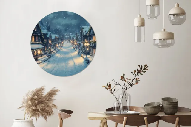 WallCircle Wandcirkel - Muurcirkel - Kerstdorp - Kerst - Sneeuw - Winter - Aluminium - Dibond - 90x90 cm - Binnen en Buiten