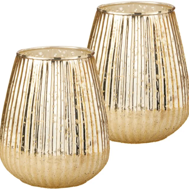 H&S Collection kaarshouder - 2x - goud - 15 x 13 cm - glas - theelichthouder/waxinelichthouder Goudkleurig