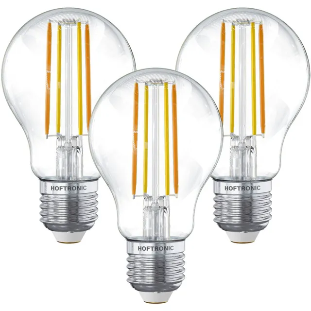 HOFTRONIC Set van 3 Smart Gloeilampen - 7 Watt 806 Lumen - Kooldraadlampen - A60 Helder - 1800-3000K - Dimbaar - E27 Filament - Bedienbaar via Google Home & Amazon Alexa