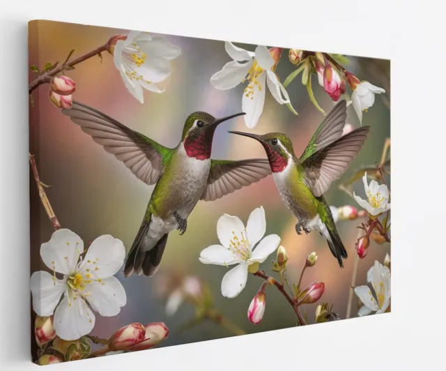 Saammp Canvas Schilderij - 2 Kolibries tussen de witte bloemen - Dieren - Bloemen - 100x75 - Foto op canvas - Wanddecoratie - muurdecoratie Woonkamer - Slaapkamer decoratie - Canvas Print Multicolor