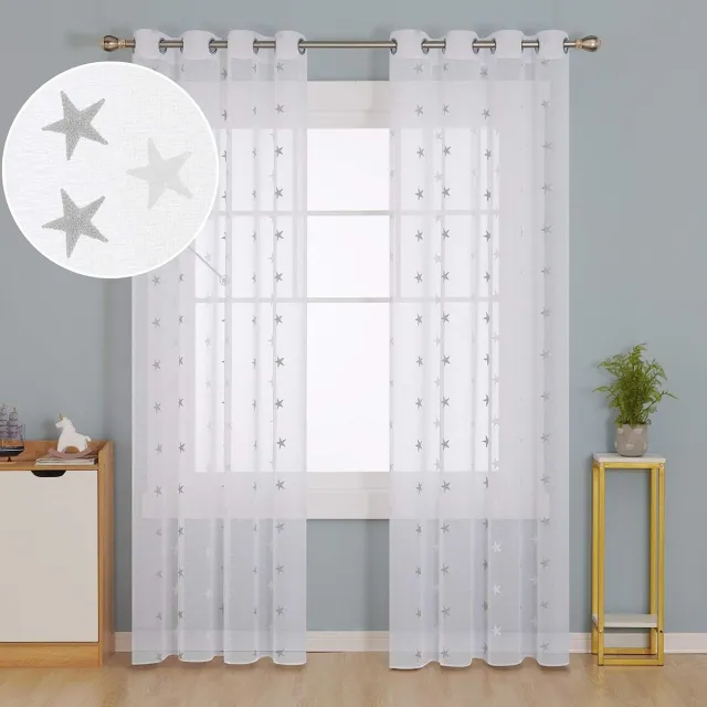Deconovo Vitrage van voile, met geborduurde motieven, sterren en stippen, 245x140 lichtgrijs