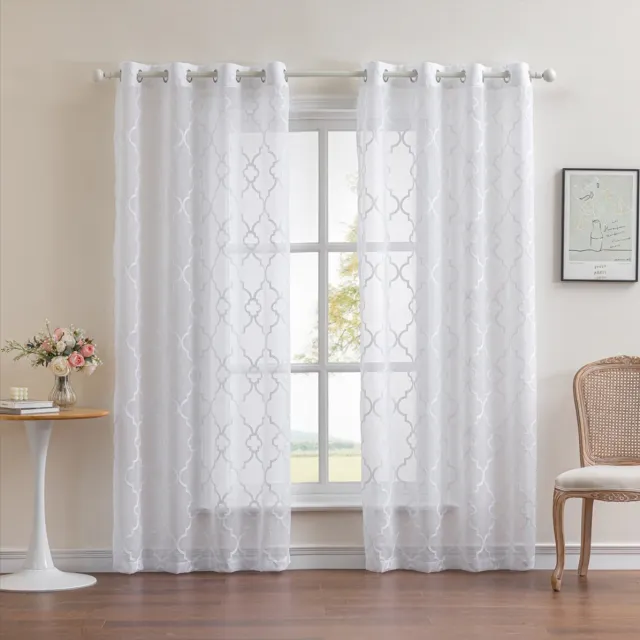 Floraweg Geborduurde semi-transparante gordijnen van imitatielinnen met ringgordijnen voor de slaapkamer, wit,140x220cm wit02