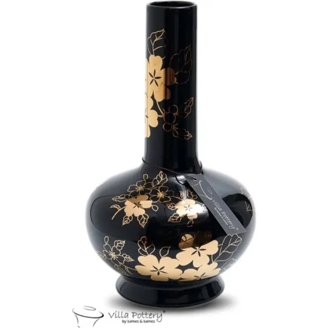 Irishflowers Vaas - Porselein - Villa Pottery - Waterdicht - Decoratie - Woondecoratie - Moederdag - Happy Flowers 2 Black Gold Zwart