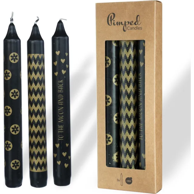 comforder 3 Kaarsen met Printje - Set van 4 Dinerkaarsen 20cm Zwart met wit