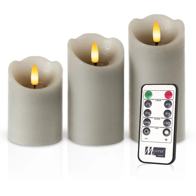Meisterhome 3 x Led Stompkaars Rustiek - Grijs – Stompkaars Echte wax – Led kaarsen - 10 / 12.5 / 15 cm Hoog - Met afstandsbediening – Timer 2/4/6/8 uur - Dimbaar Antraciet