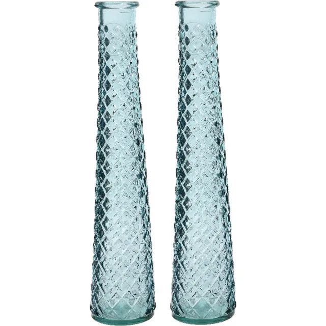 Decoris bloemenvazen gerecycled glas - set 2x - D7 x H32 cm - lichtblauw