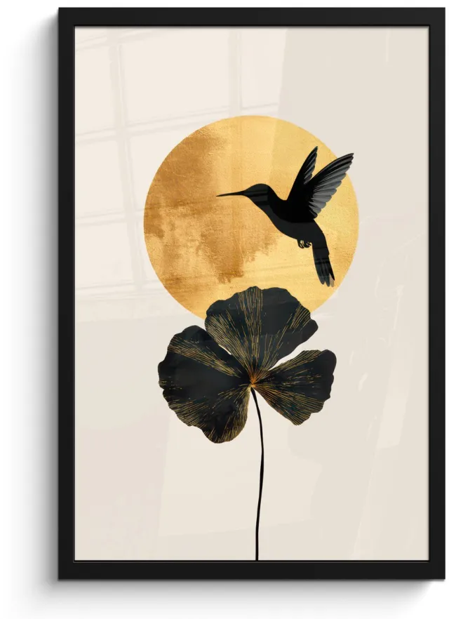 FrameYourWall Poster in lijst - Fotolijst 40x60 cm - Posters - Zwarte kolibrie - Bloem - Gouden cirkel - Posterlijst zwart - Decoratie - Wanddecoratie woonkamer - Muurdecoratie slaapkamer