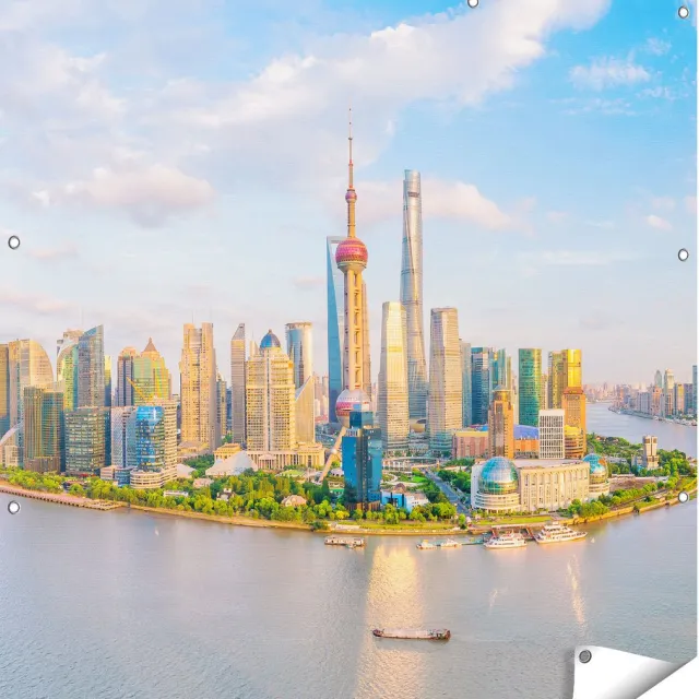 Gards Tuinposter Skyline Shanghai Stad in China - 110x110 cm - Tuindoek - Tuindecoratie - Wanddecoratie buiten - Tuinschilderij Multikleur