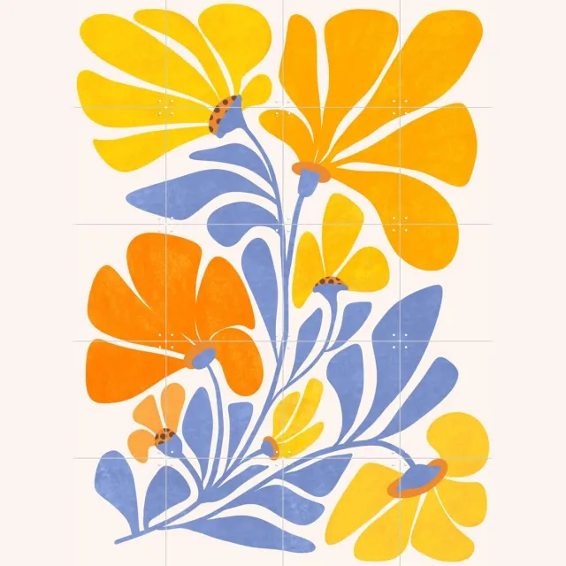 IXXI Joyful Sunflowers, Kristian Gallagher & Various - 80 x 100 cm - Grote wanddecoratie en posters - Grafisch Ontwerp, Illustraties, Speels Oranje / Geel / Blauw