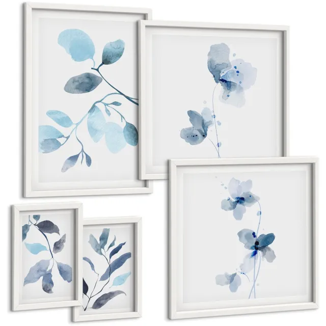 TULUP 4-Delige Schilderij Set - Botanische accenten in delicate blauwe tinten - 50 x 50 cm, 20 x 30 cm en 40 x 60 cm - Wanddecoratie - Schilderijen Set - Kantoor - Interieur Decoratie Witte lijst