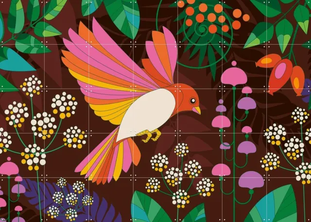 IXXI Chocolate Forest Flowers, Bo Lundberg - 140 x 100 cm - Grote wanddecoratie en posters - Speels, Retro, Illustraties, Trap, Eetkamer, Woonkamer Roze / Bruin