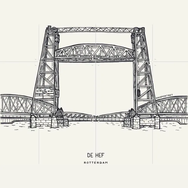 IXXI De Hef, Huisportret & Kunst in Kaart - 80 x 60 cm - Grote wanddecoratie en posters - Illustraties, Minimalisme, Line art, Gang, Woonkamer Zwart / Zwart en wit