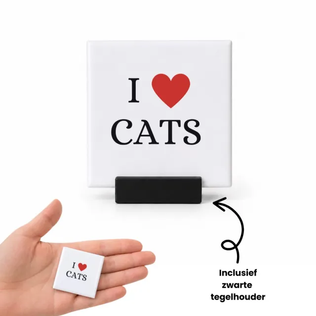 Hacebo I love cats tegeltje met tegelhouder - Katten - cadeau kattenliefhebber - tegeltjes met tekst - cadeau - cadeau poezen liefhebber - spreuktegels - 4.8x4.8 CM Wit