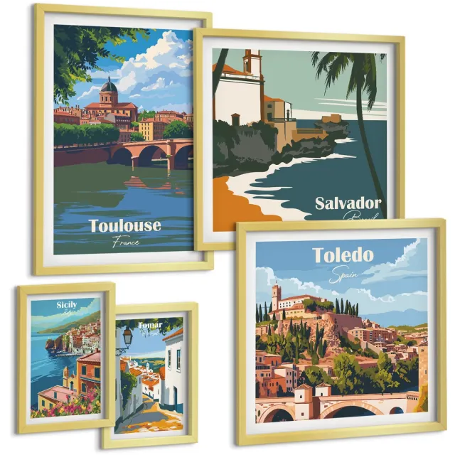 TULUP 5-Delige Schilderij Set - Schilderachtige uitzichten en landschappen van Europese steden - 50 x 50 cm, 20 x 30 cm en 40 x 60 cm - Stijlvolle Muurdecoratie - Slaapkamer - Wanddecoratie Gouden lijst