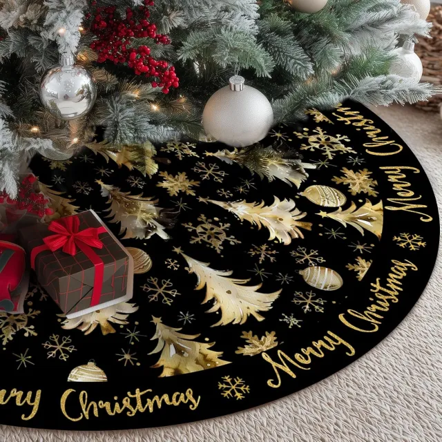 KZQ Kerstboomrok 121 cm in goud en zwart, hoogwaardige zachte stof met sneeuwvlokken en kerstbomen voor landelijke kerstdecoratie Zwart en goud