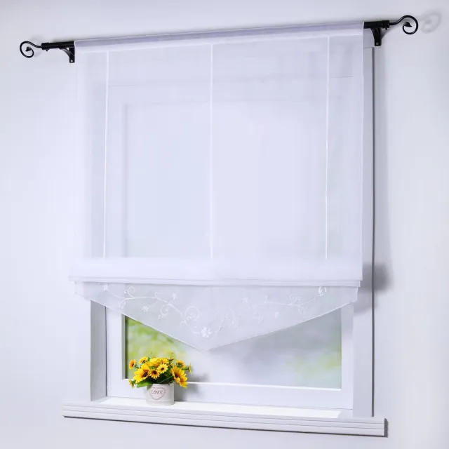 Unyqoos Vouwgordijn van transparante voile met bloemenborduurwerk en trekkoord, wit, 80x140cm