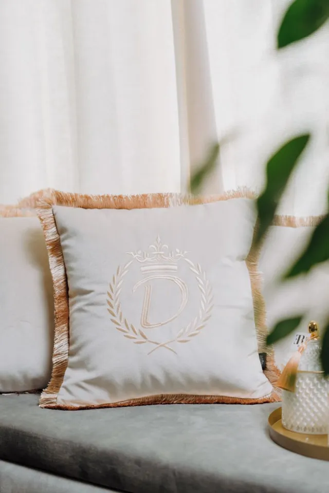 Sandra Mika Embroidered pillow / personalised pillow / monogram pillow / decorative cushion 40x 40 beige velvet letter D