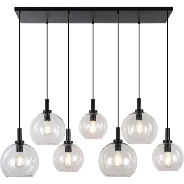 Fantasia Osira hanglamp E27, 7 lichtpunten, zwart stalen armatuur met heldere glazen kappen (3x Ø200mm, 4x Ø250mm), breedte 1050mm, IP20