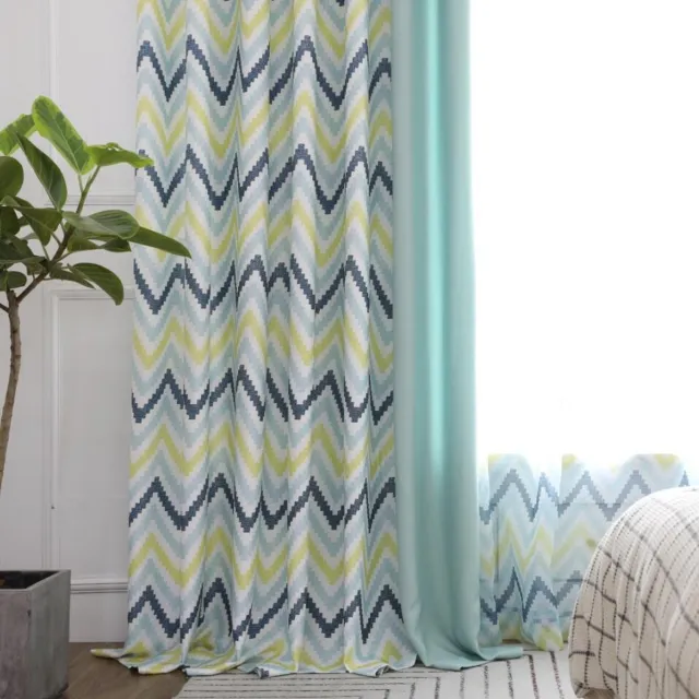 Floraweg Chevron Zigzag patroon Grommet Top Raamgordijnen voor de woonkamer, blauw (1 paneel),Met haakjes ringen,140x220cm
