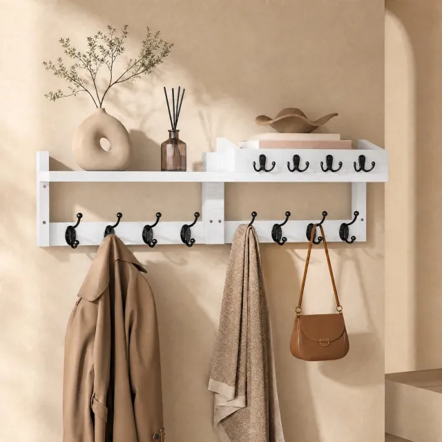 Arvioo Wandkapstok - Wit - Paulowniahout - 8 kledinghaken +4 sleutelhaken - Met plank Wit-B