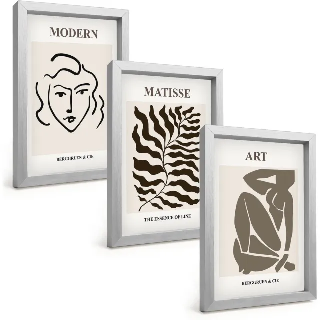 TULUP 4-Delige Schilderij Set - Stijlvolle afbeeldingen met lijnen en figuren in neutrale kleuren. - 20 x 30 cm - Wanddecoratie - Muurdecoratie - Woonkamer - Moderne Wanddecoratie Zilveren lijst