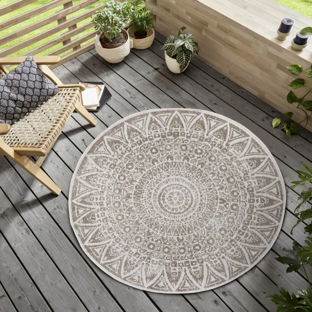 flycarpets Laagpolig Rond Vloerkleed - Omkeerbaar Binnen en Buitenkleed - Beige / Creme 200cm rond Ø