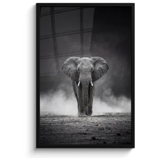 FrameYourWall Poster in lijst - Fotolijst 60x90 cm - Posters - Olifant - Zwart - Wit - Rook - Posterlijst zwart - Decoratie - Wanddecoratie woonkamer - Muurdecoratie slaapkamer