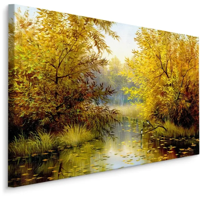 karo-art Schilderij - Rivier door het Bos, Herfst, Premium Print op Canvas Multikleur